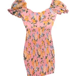 NWOT One and Only Collective Pink Floral Smocked Puff Sleeve Mini Dress US XS